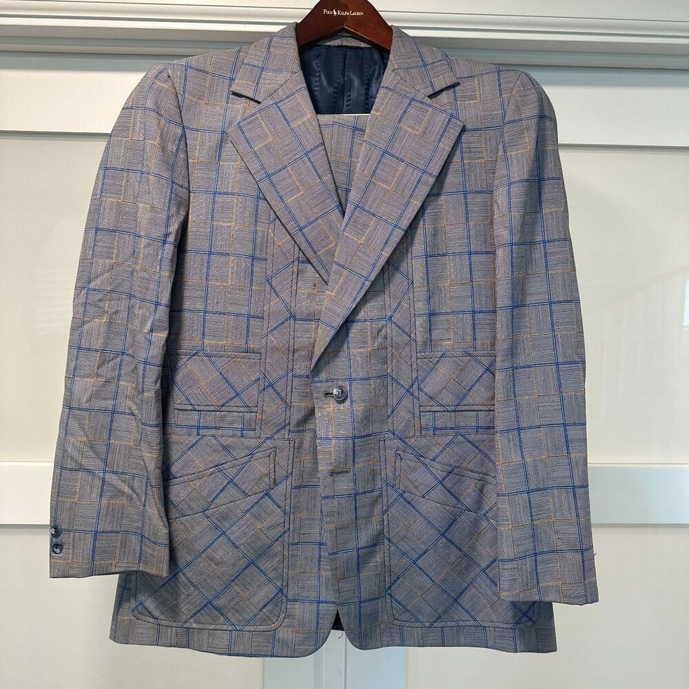 Vtg 70s Suit Jacques Dupre Mens Plaid Blazer Pants Mod Disco Union 40R / 33x30